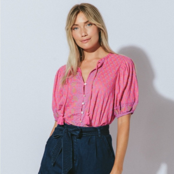 Cleobella Amari Blouse Ditzy Mix Block Print Pink Organic Cotton Balloon Sleeve - Picture 12 of 12